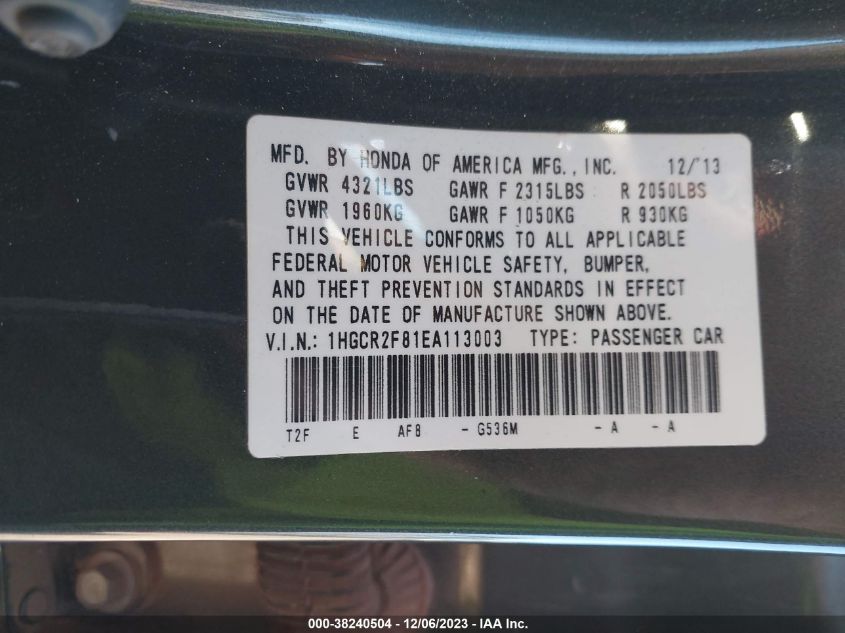 2014 HONDA ACCORD EX-L - 1HGCR2F81EA113003