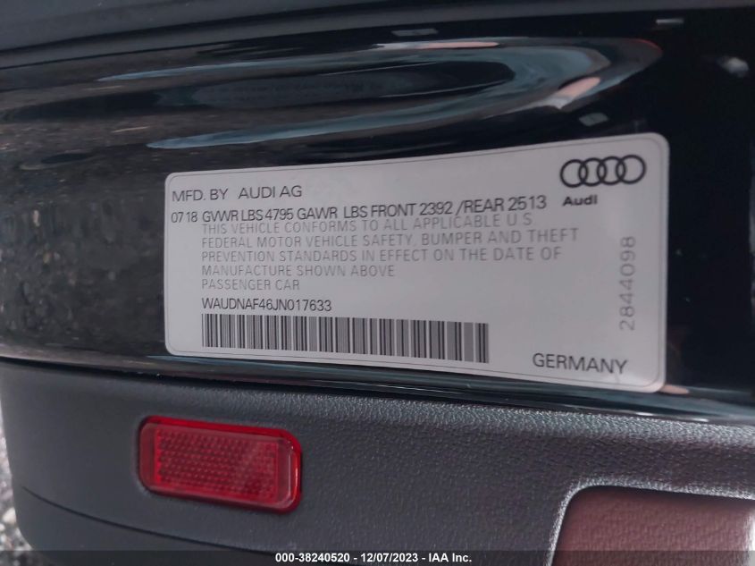 2018 AUDI A4 PREMIUM - WAUDNAF46JN017633