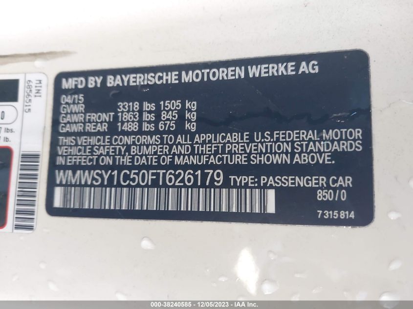 2015 MINI ROADSTER COOPER WMWSY1C50FT626179