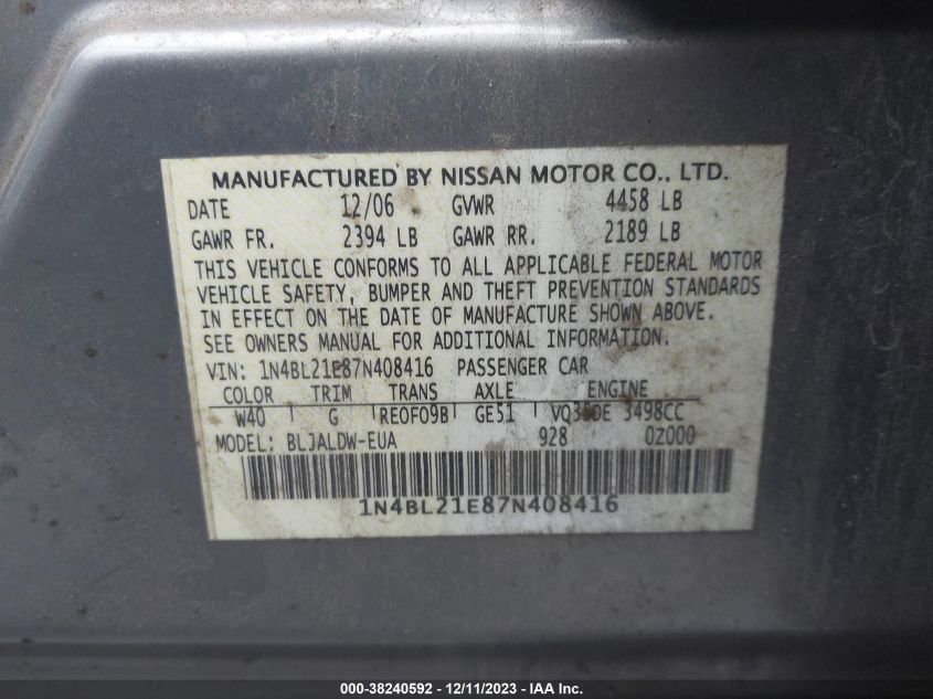 1N4BL21E87N408416 | 2007 NISSAN ALTIMA