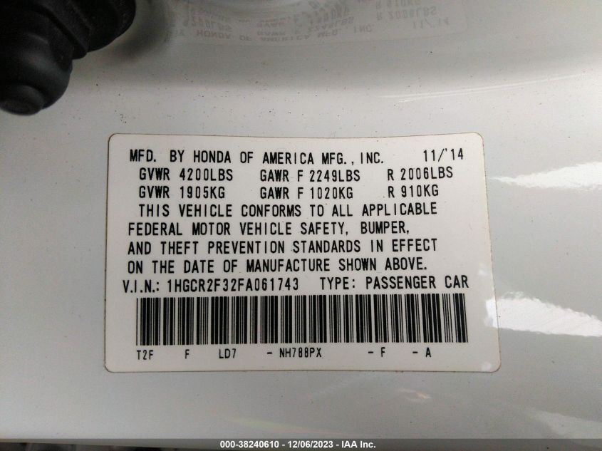2015 HONDA ACCORD LX - 1HGCR2F32FA061743