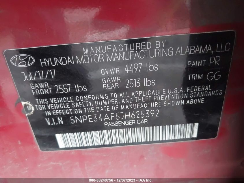 2018 HYUNDAI SONATA SEL - 5NPE34AF5JH625392