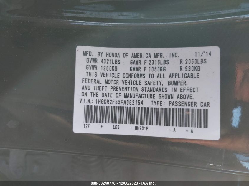 2015 HONDA ACCORD EX-L - 1HGCR2F85FA062154