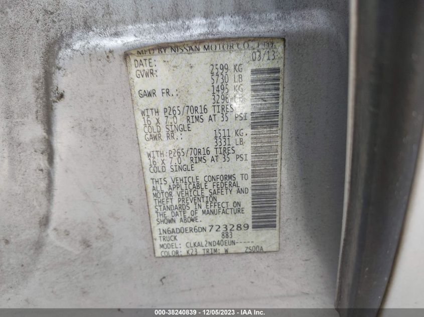 2013 NISSAN FRONTIER SV - 1N6AD0ER6DN723289