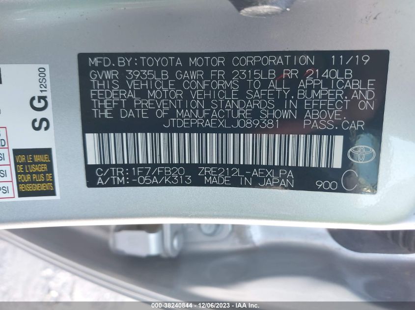 2020 TOYOTA COROLLA LE - JTDEPRAEXLJ089381