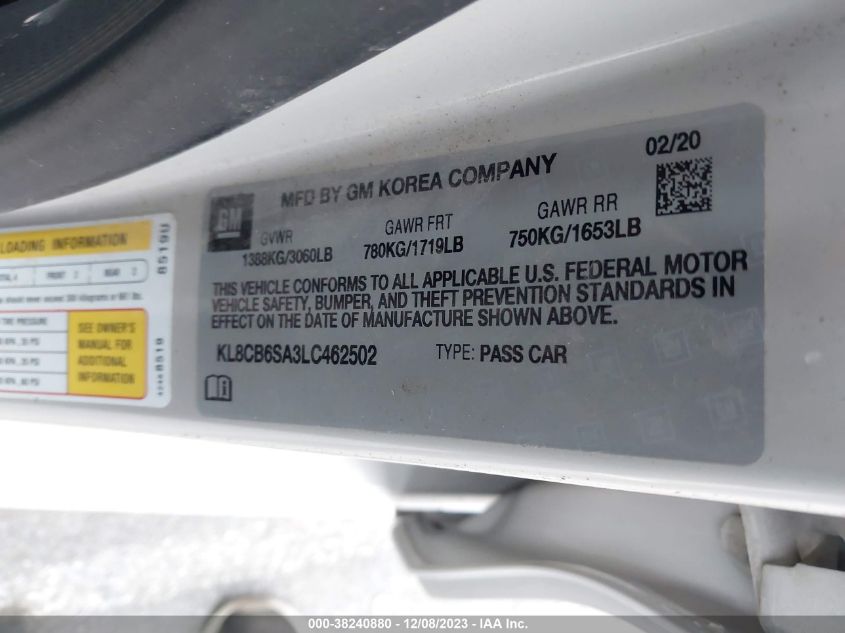 2020 CHEVROLET SPARK FWD LS AUTOMATIC - KL8CB6SA3LC462502