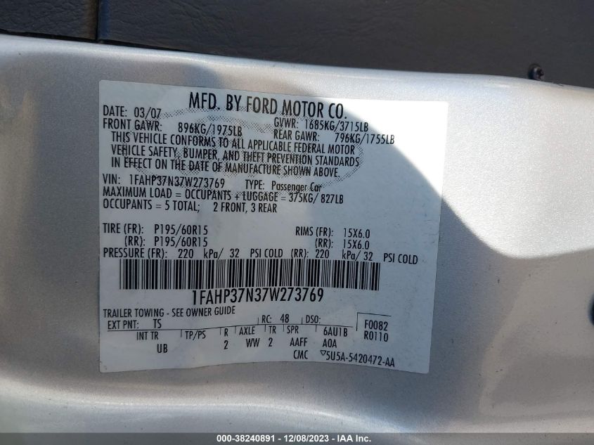 1FAHP37N37W273769 | 2007 FORD FOCUS