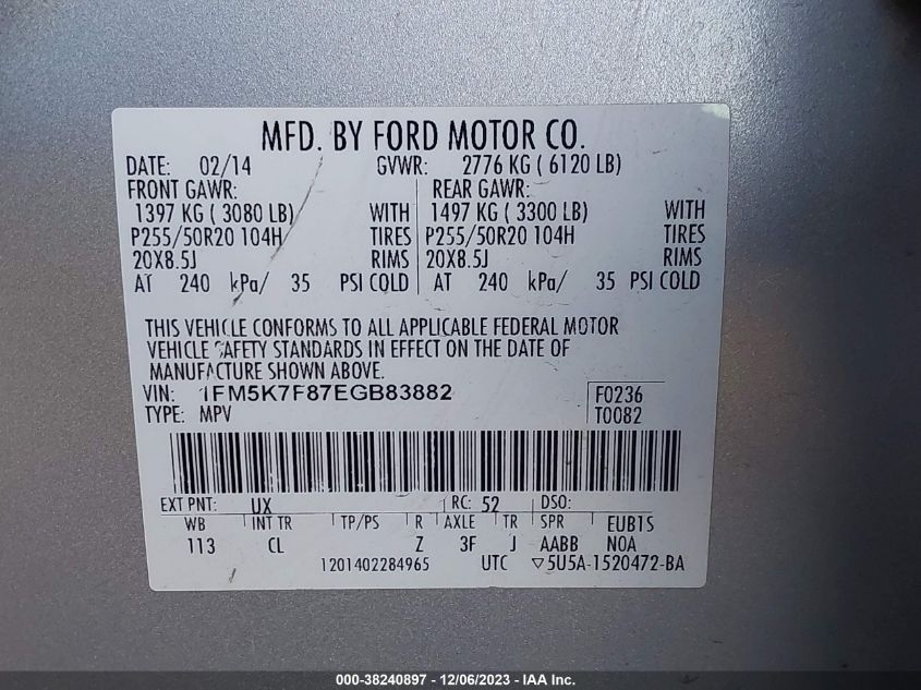 2014 FORD EXPLORER LIMITED - 1FM5K7F87EGB83882