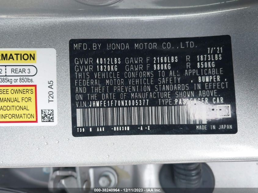 2022 HONDA CIVIC EX - JHMFE1F70NX005377