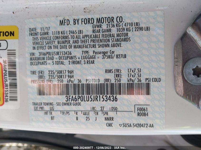 2018 FORD FUSION HYBRID SE - 3FA6P0LU5JR153436