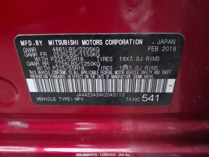 2019 MITSUBISHI OUTLANDER SE - JA4AZ3A3XKZ043113