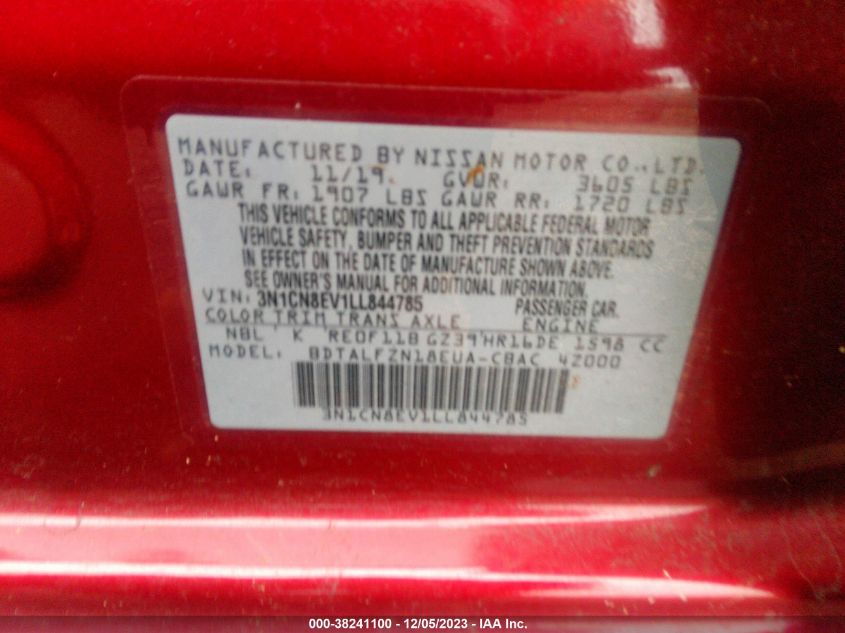 2020 NISSAN VERSA SV XTRONIC CVT - 3N1CN8EV1LL844785