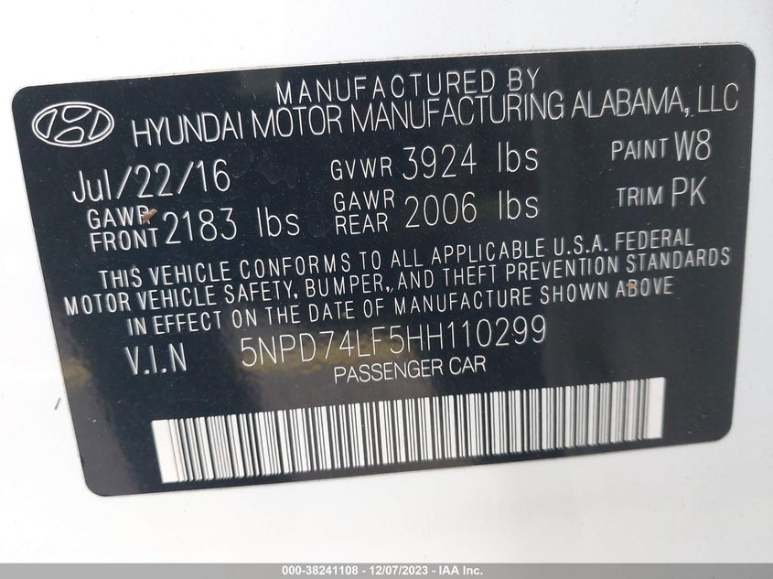 VIN 5NPD74LF5HH110299 2017 HYUNDAI ELANTRA SE