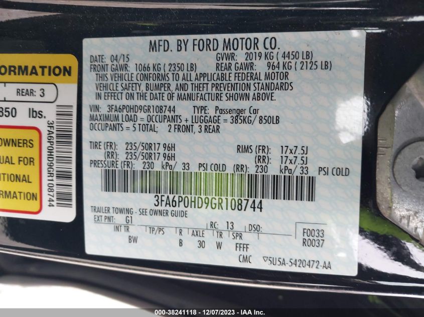 2016 FORD FUSION SE - 3FA6P0HD9GR108744