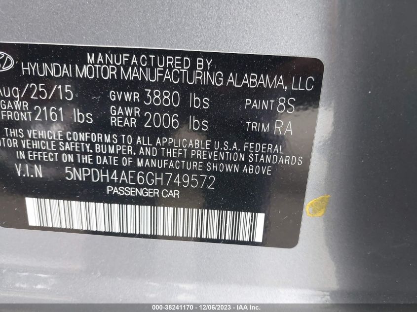 2016 HYUNDAI ELANTRA SE/SPORT/LIMITED - 5NPDH4AE6GH749572