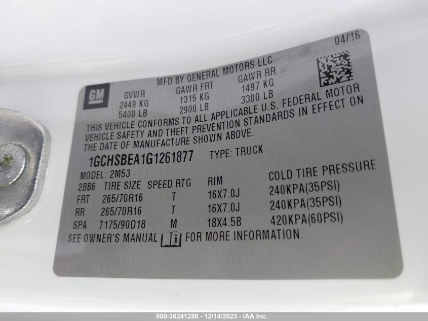 2016 CHEVROLET COLORADO - 1GCHSBEA1G1261877