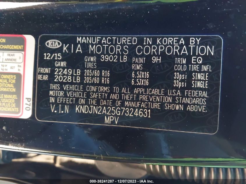 2016 KIA SOUL BASE - KNDJN2A25G7324631