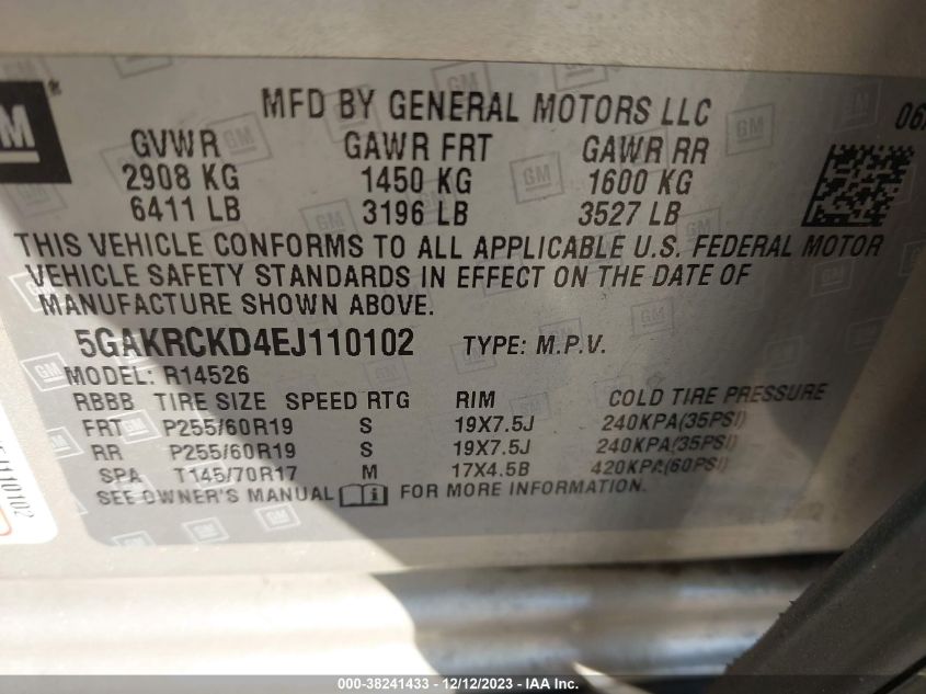 2014 BUICK ENCLAVE PREMIUM - 5GAKRCKD4EJ110102