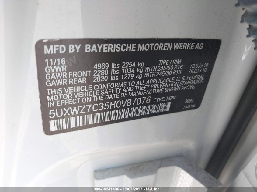 5UXWZ7C35H0V87076 2017 BMW X3, photo no. 9