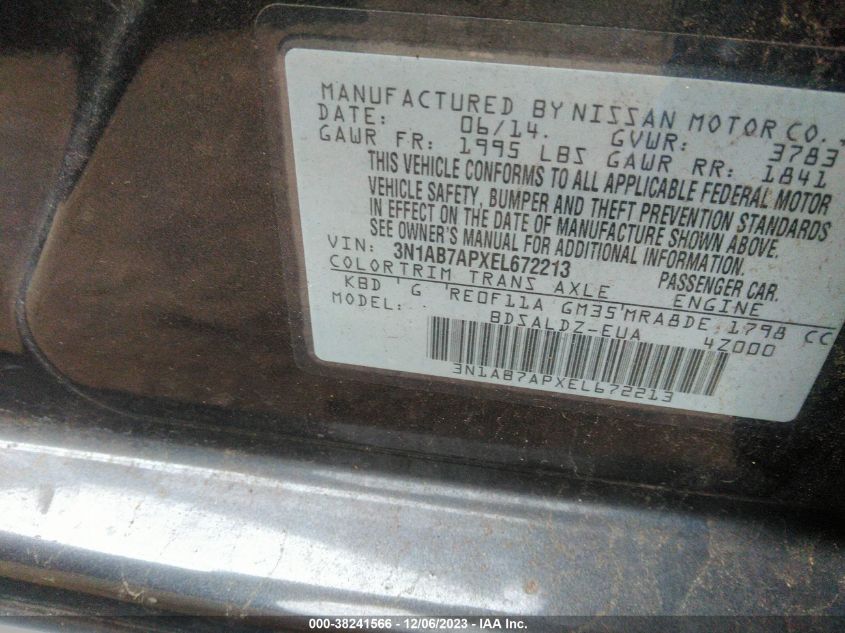 2014 NISSAN SENTRA FE+ S/FE+ SV/S/SL/SR/SV - 3N1AB7APXEL672213
