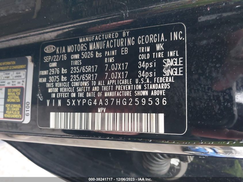 2017 KIA SORENTO LX/L - 5XYPG4A37HG259536