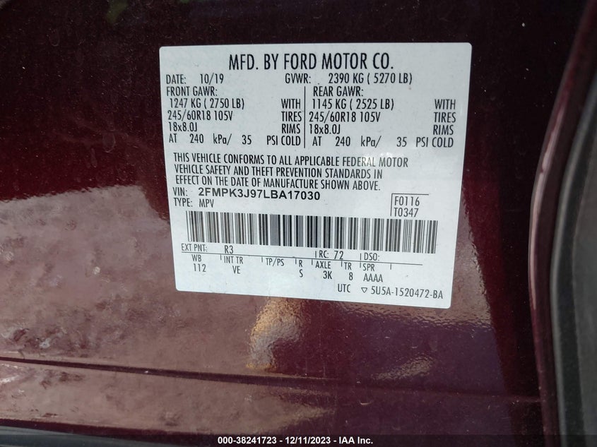 VIN 2FMPK3J97LBA17030 2020 FORD EDGE SEL