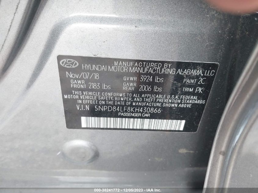 2019 HYUNDAI ELANTRA SEL - 5NPD84LF8KH430866