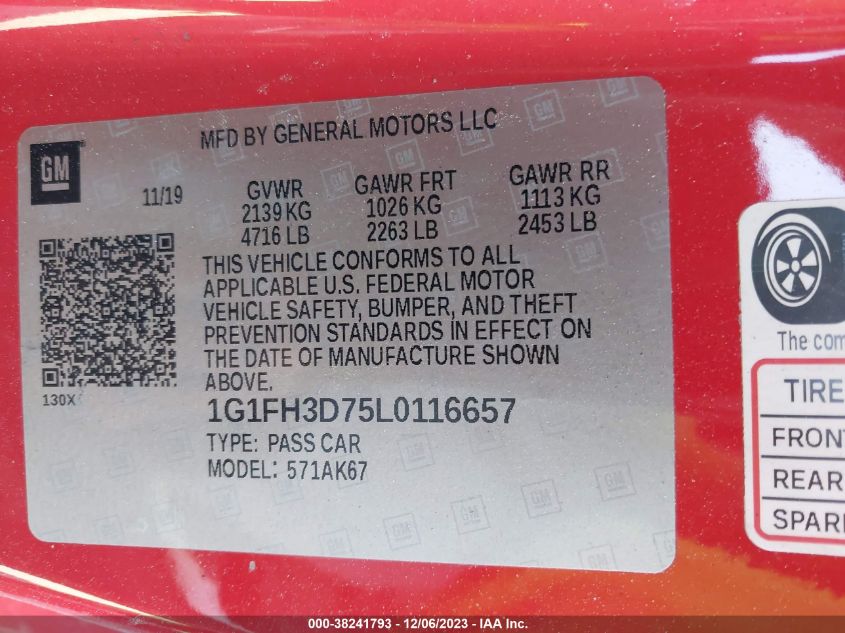 2020 CHEVROLET CAMARO SS - 1G1FH3D75L0116657