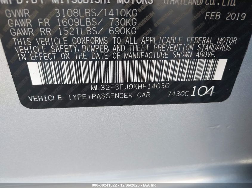 2019 MITSUBISHI MIRAGE G4 ES/RF - ML32F3FJ9KHF14030