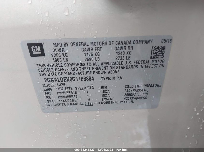 2016 CHEVROLET EQUINOX LTZ - 2GNALDEK0G1186884