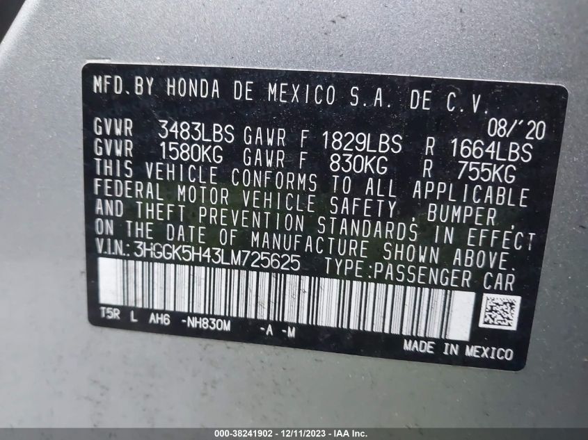 2020 HONDA FIT LX - 3HGGK5H43LM725625