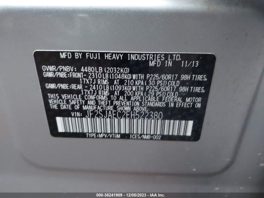 2014 SUBARU FORESTER 2.5I PREMIUM - JF2SJAEC2EH522380