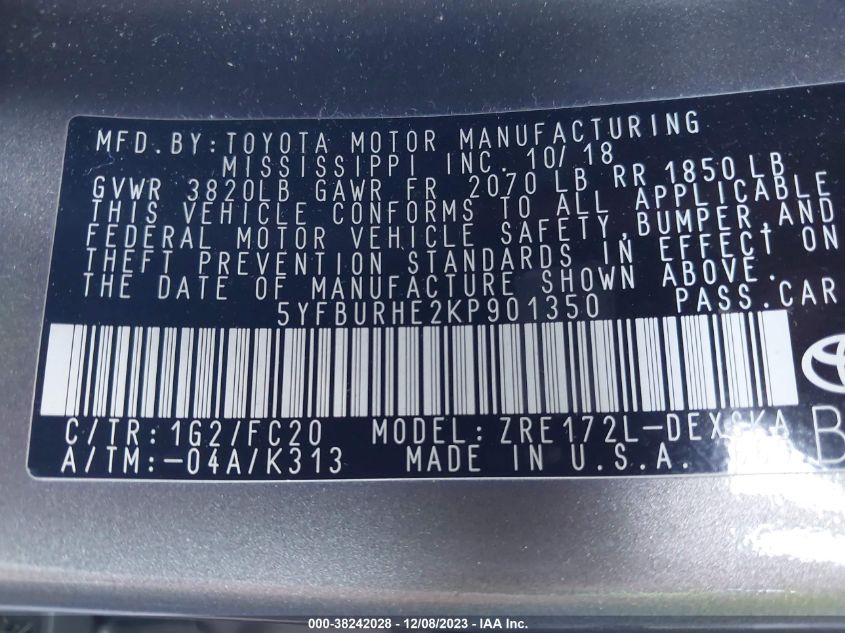 2019 TOYOTA COROLLA L/LE/XLE/SE/XSE - 5YFBURHE2KP901350