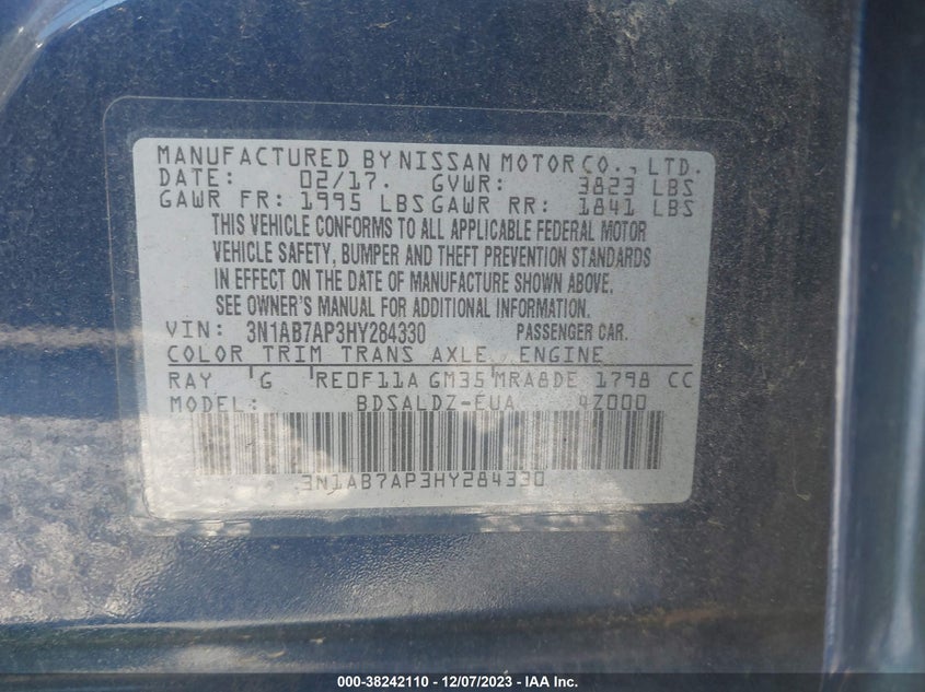 VIN 3N1AB7AP3HY284330 2017 NISSAN SENTRA S/SV/SR/SL
