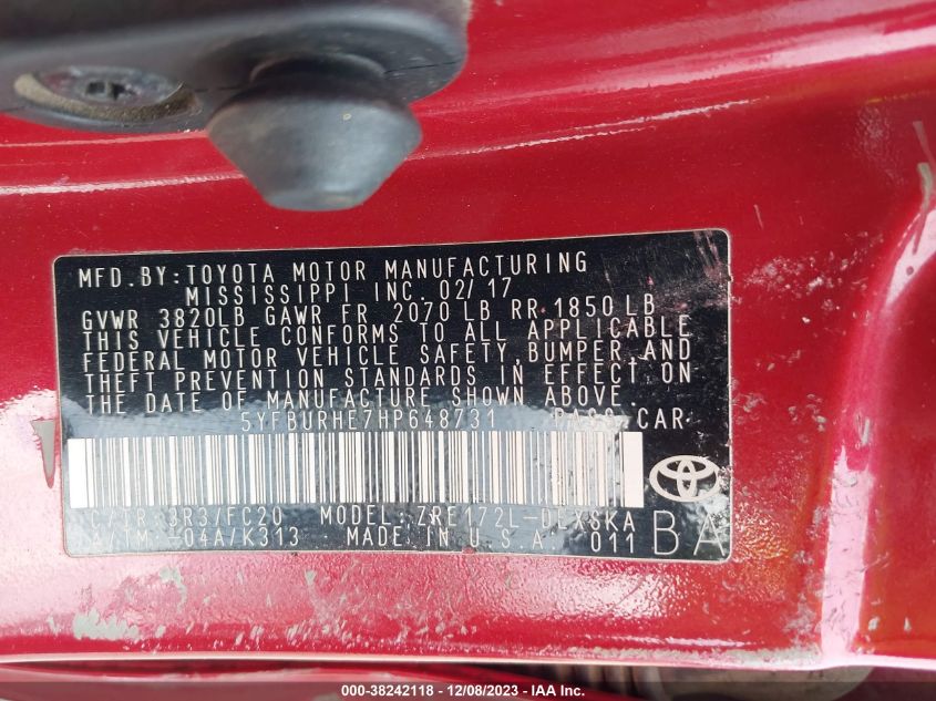 2017 TOYOTA COROLLA SE - 5YFBURHE7HP648731