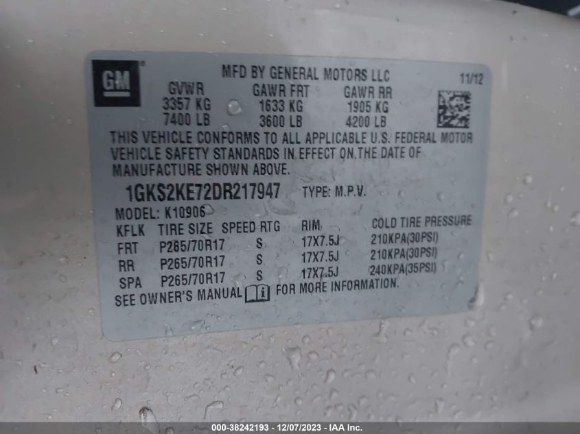 2013 GMC YUKON XL 1500 SLT 1GKS2KE72DR217947