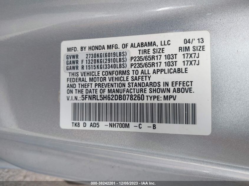 2013 HONDA ODYSSEY EX-L - 5FNRL5H62DB078260