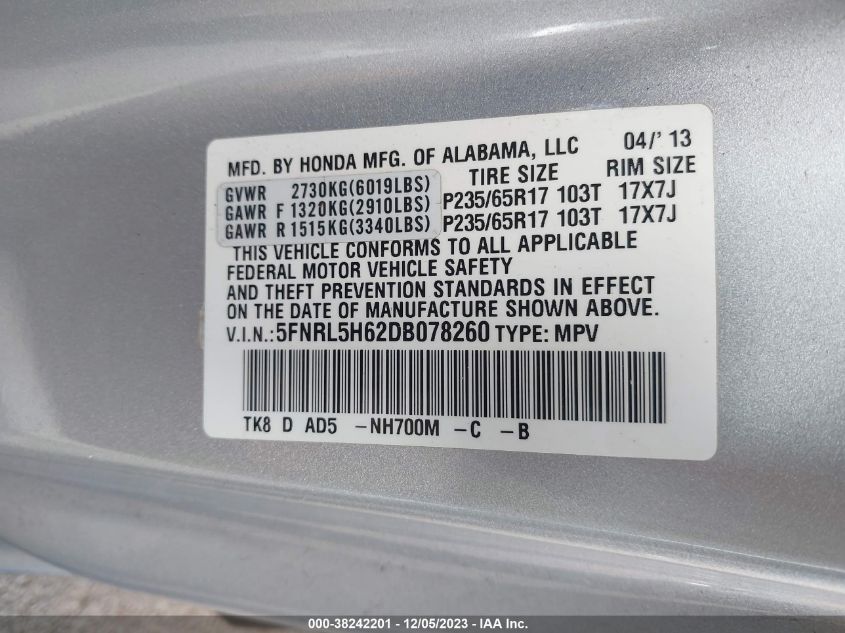 VIN 5FNRL5H62DB078260 2013 HONDA ODYSSEY no.9