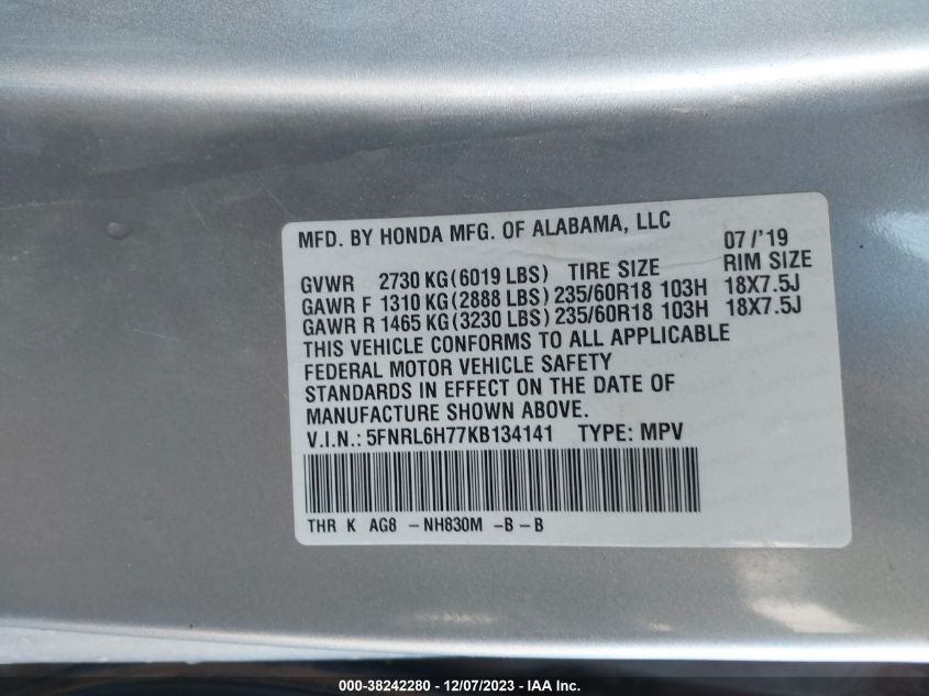2019 HONDA ODYSSEY EXL - 5FNRL6H77KB134141