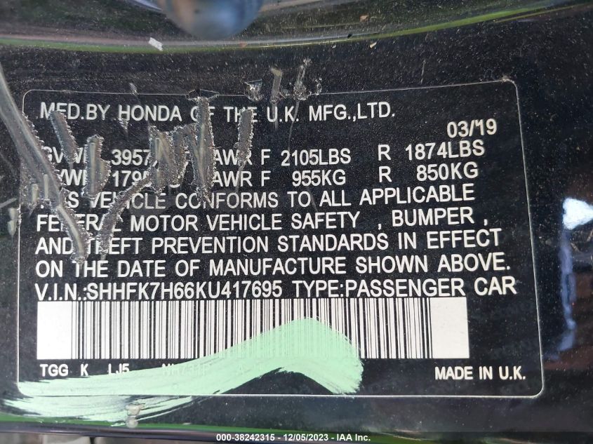 2019 HONDA CIVIC  EX - SHHFK7H66KU417695