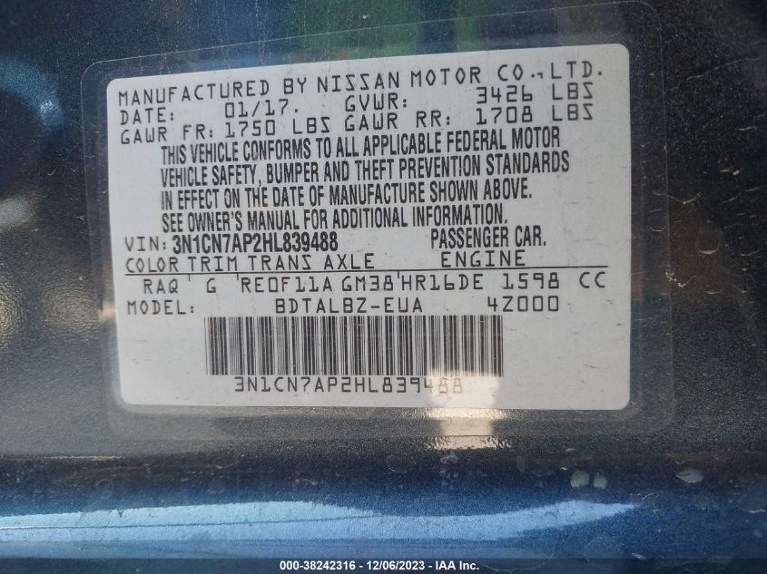2017 NISSAN VERSA 1.6 SV - 3N1CN7AP2HL839488