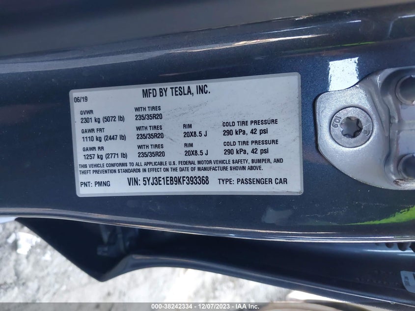 VIN 5YJ3E1EB9KF393368 2019 TESLA MODEL 3 LONG RANGE/PERFORMANCE
