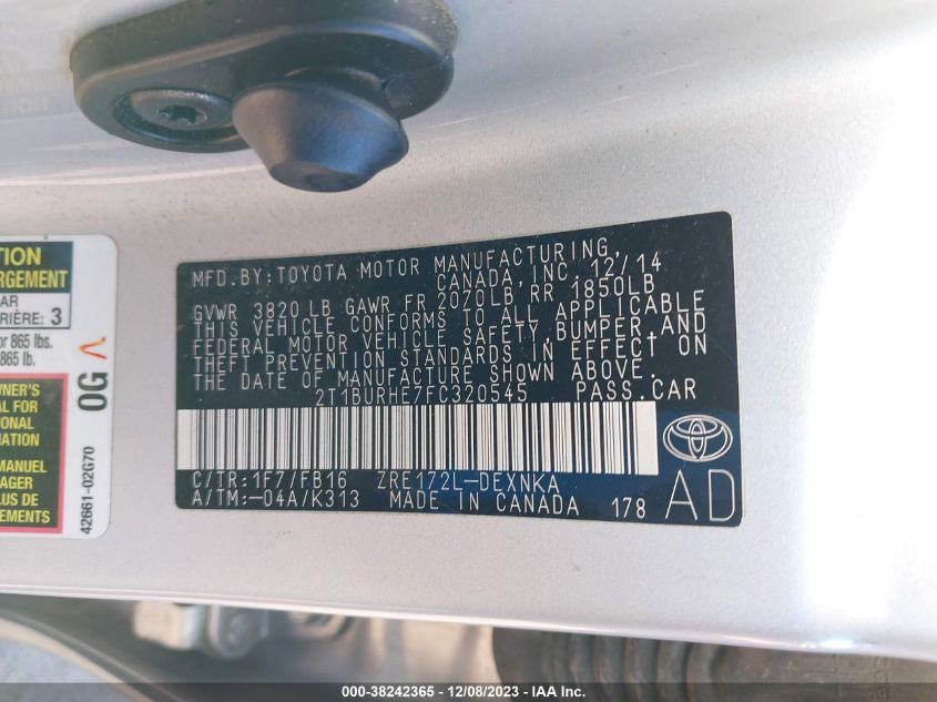 2015 TOYOTA COROLLA L/LE/LE PLS/PRM/S/S PLS - 2T1BURHE7FC320545