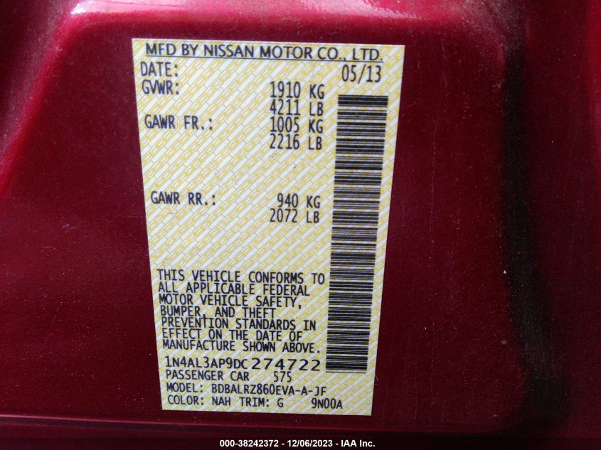 2013 NISSAN ALTIMA 2.5 S - 1N4AL3AP9DC274722