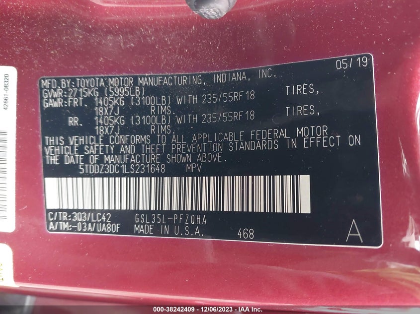 VIN 5TDDZ3DC1LS231648 2020 TOYOTA SIENNA XLE PREMIUM