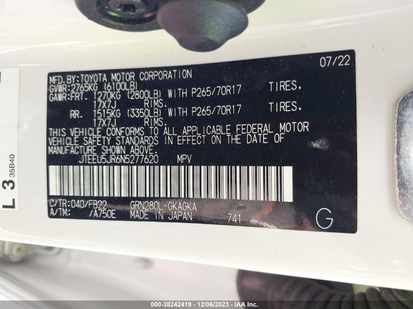 2022 TOYOTA 4RUNNER SR5 - JTEEU5JR6N5277620