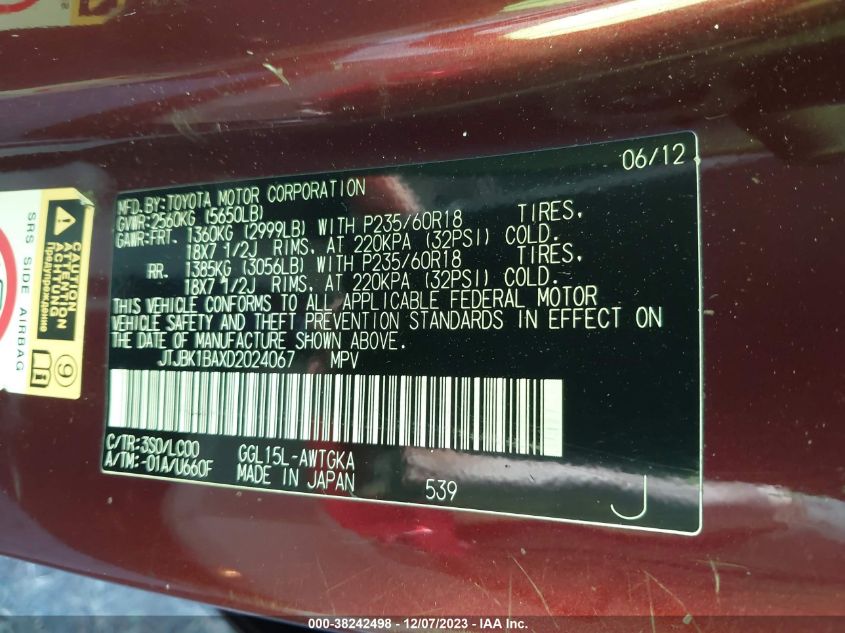 2013 LEXUS RX 350 - JTJBKTBAXD2024067