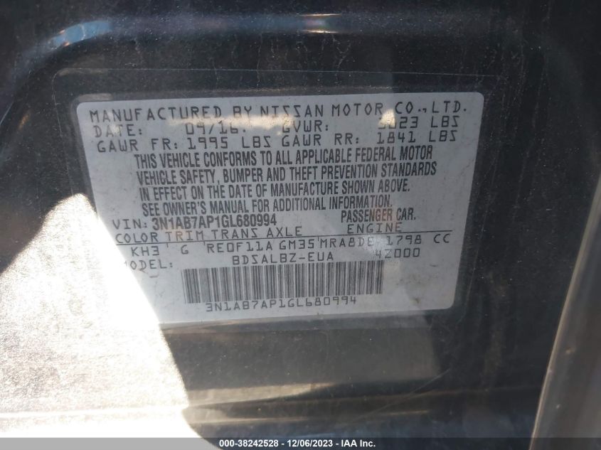 2016 NISSAN SENTRA S - 3N1AB7AP1GL680994