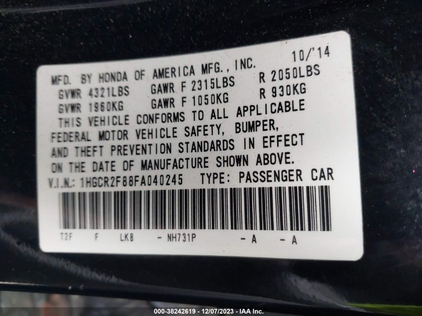 2015 HONDA ACCORD EX-L - 1HGCR2F88FA040245