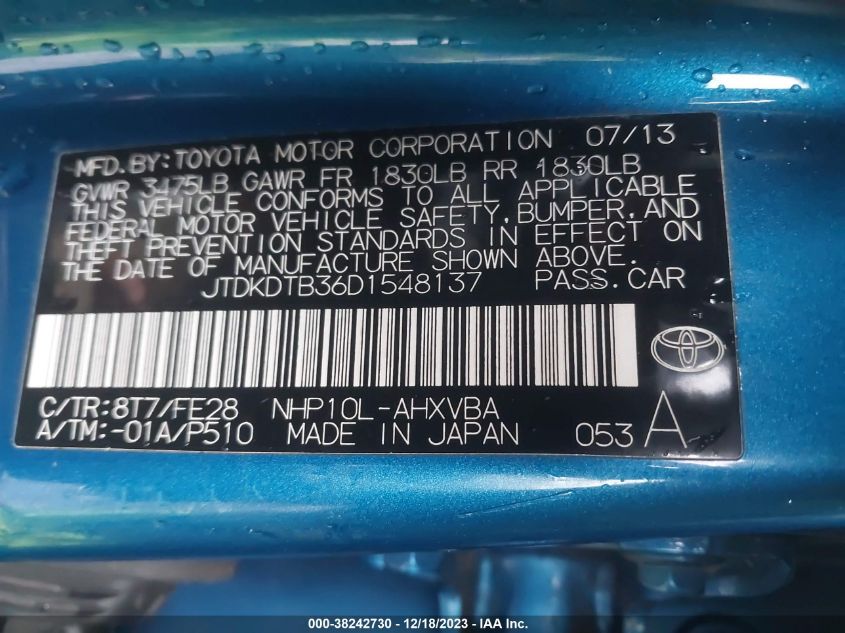 2013 TOYOTA PRIUS C ONE - JTDKDTB36D1548137